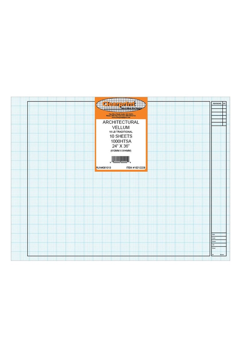 Clearprint 24" x 36" 1000H Design Vellum Sheets with Architect Title Block and Printed Fade-Out 8x8 Grid, 16 lb., 100% Cotton, 10 Sheets Per Pack, 1 Each - Image 1